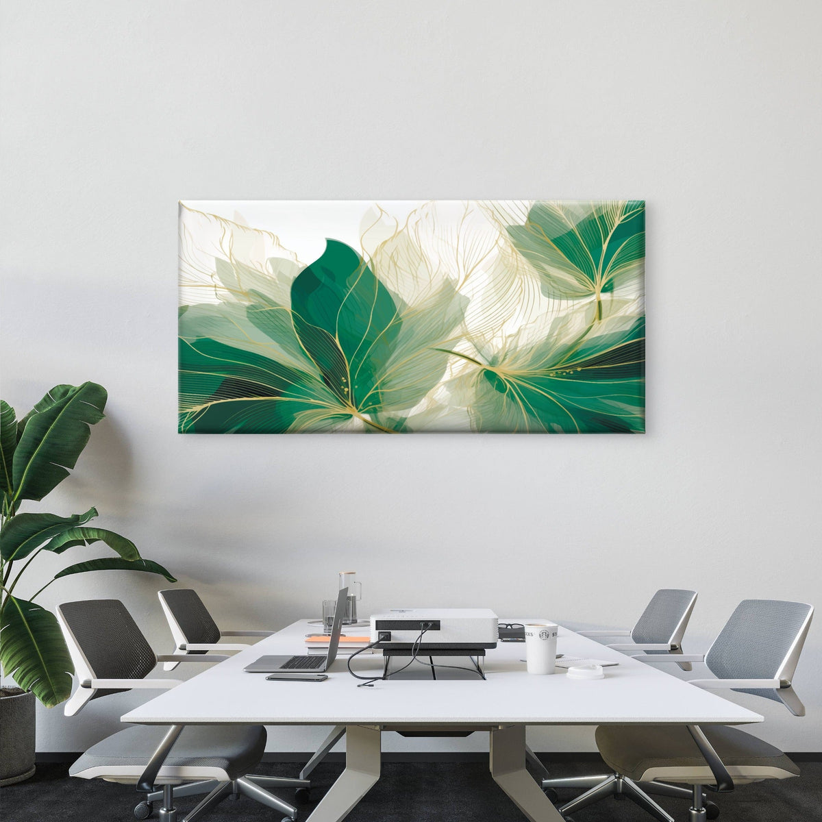 Modern Emerald Green Gold Leaf Wall Art Canvas Office Home Framed 80x45cm