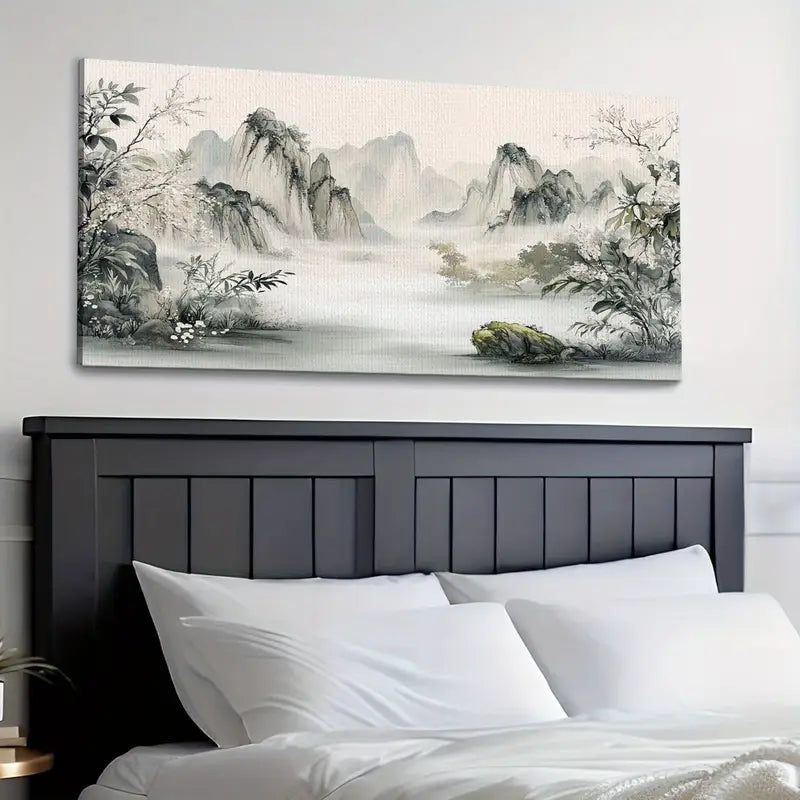 Glow Foggy Mountain Scene Misty Peaks & Serene Wall Art canvas office home room framed 120x60cm