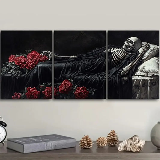 3pcs Luxurious Gothic Skeleton with Roses Metal Print Ready to Hang Art