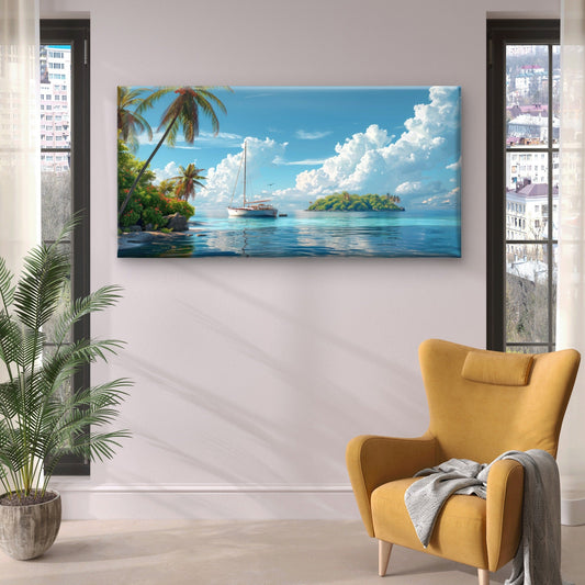Tropical Island Sailboat Trees Wall Art Canvas Office Home Room Framed 80x45cm