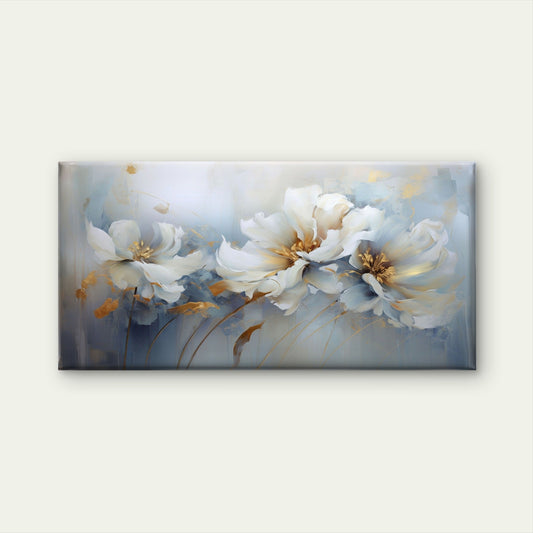 White Floral Gold Painting Wall Art Canvas Office Home Room Framed 80x45cm