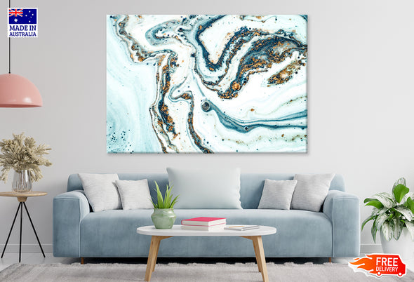 White Blue & Gold Abstract Marble Print 100% Australian Made Stretched Canvas Ready to Hang  - AB-129