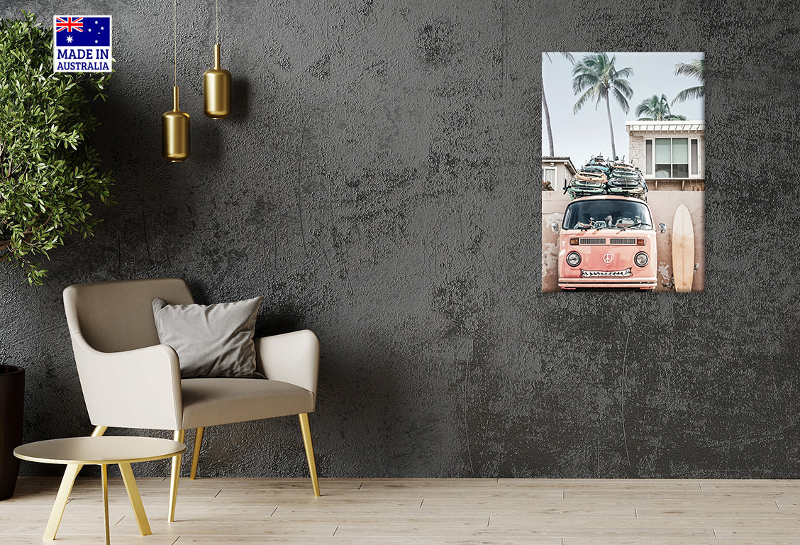 Beach Van With Surfboards on Top of It Print 100% Australian Made 40x60cm Stretched Canvas Ready to Hang