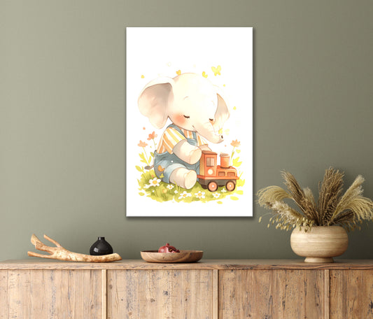 Illustration Of Baby Elephant Is Playing with A Toy Train Print 100% Australian Made 40x60cm Stretched Canvas Ready to Hang