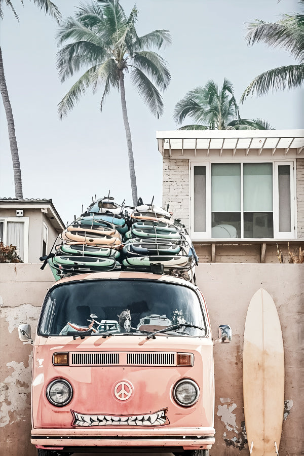 Beach Van With Surfboards on Top of It Print 100% Australian Made 40x60cm Stretched Canvas Ready to Hang