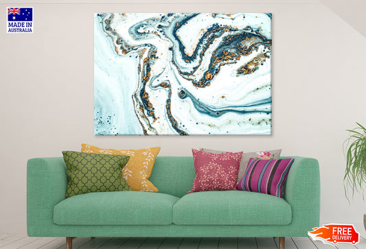 White Blue & Gold Abstract Marble Print 100% Australian Made Stretched Canvas Ready to Hang  - AB-129