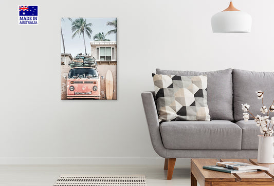 Beach Van With Surfboards on Top of It Print 100% Australian Made 40x60cm Stretched Canvas Ready to Hang