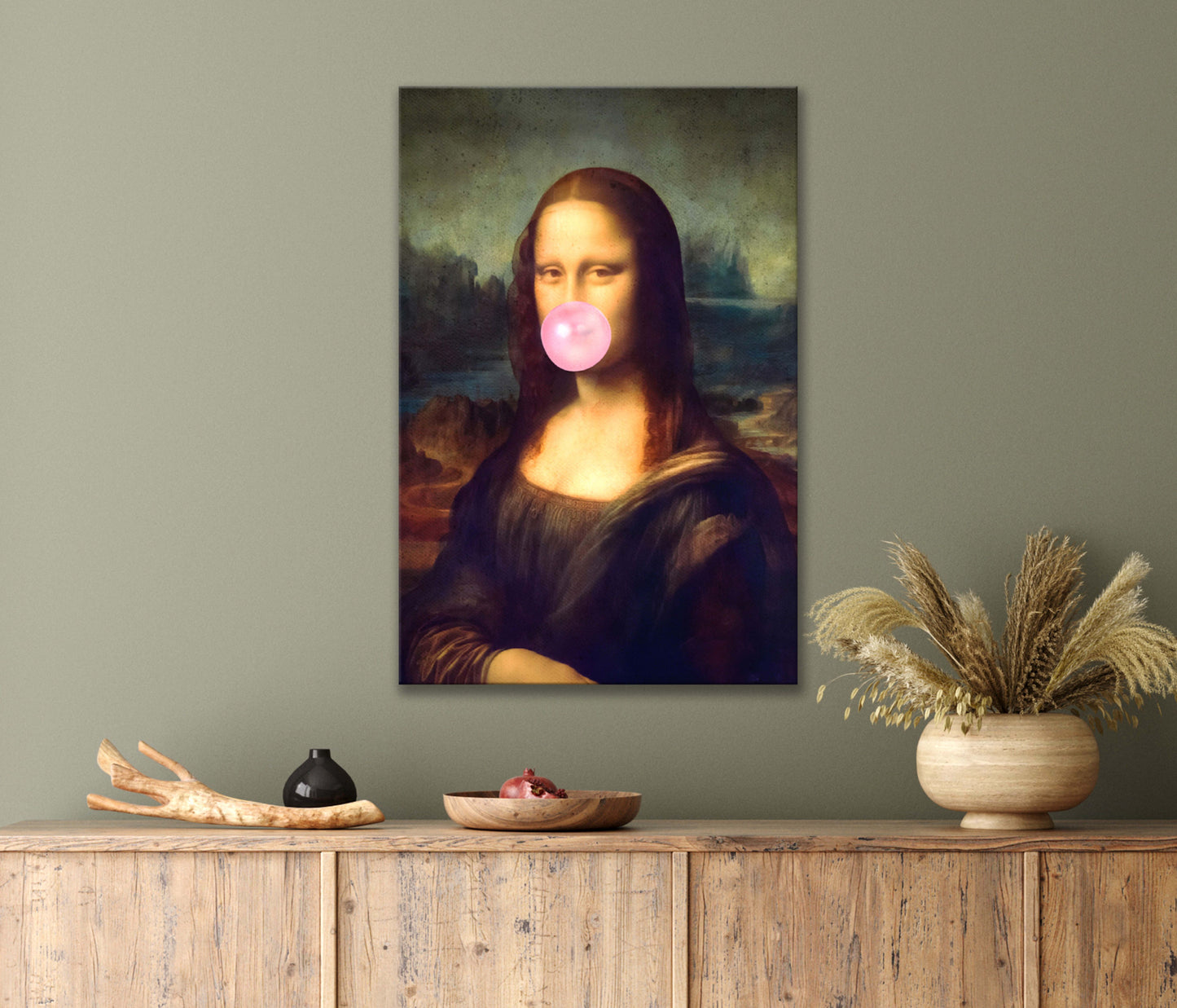 Old Vintage Painting of a Woman Blowing a Pink Bubble Print 100% Australian Made 40x60cm Stretched Canvas Ready to Hang