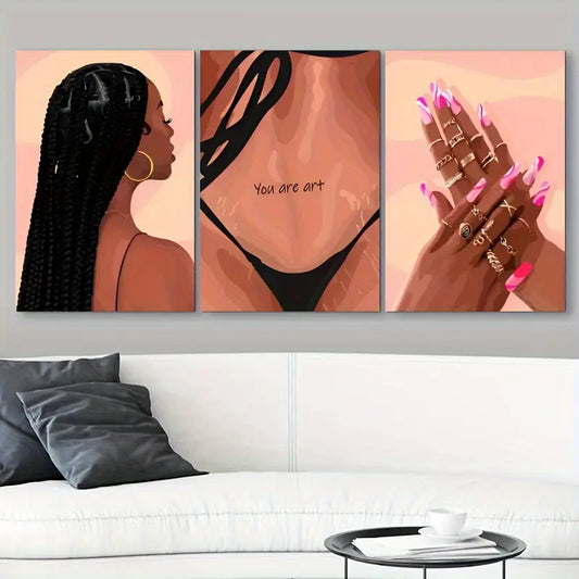 3pcs African Beauty with Pink Lips Metal Print Ready to Hang Art