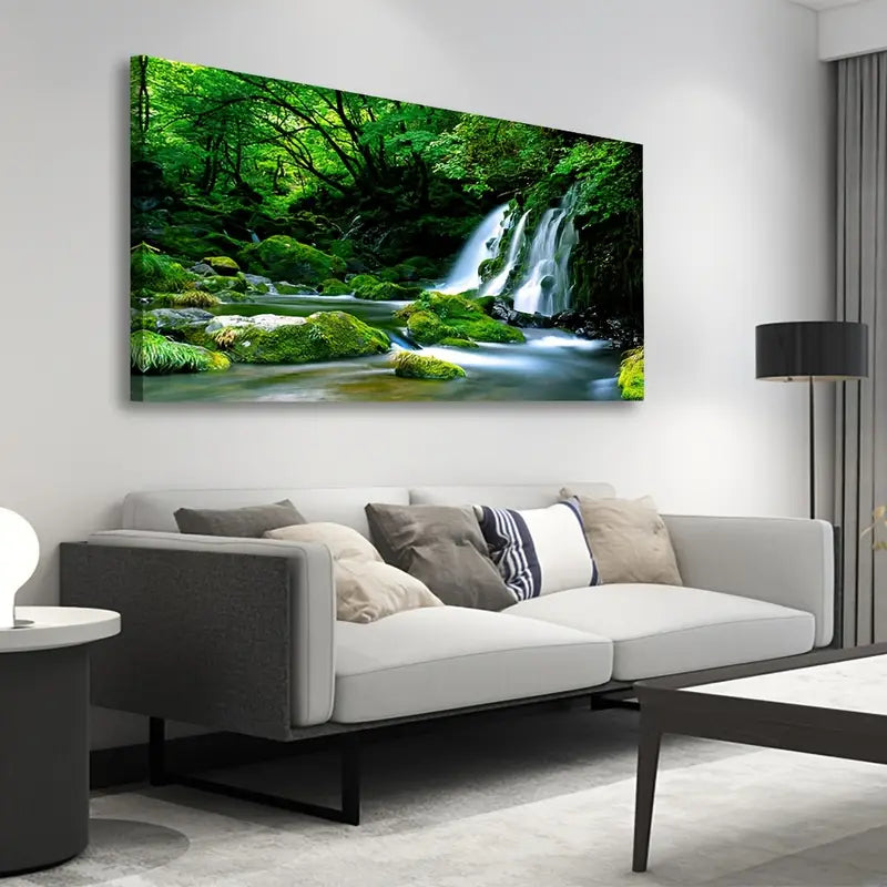Green Forest Waterfall Scenery Wall Art canvas office home room framed 120x60cm