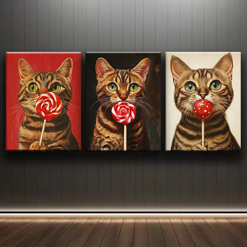 3pcs Whimsical Cat Lollipop Classic Design Metal Print Ready to Hang Art