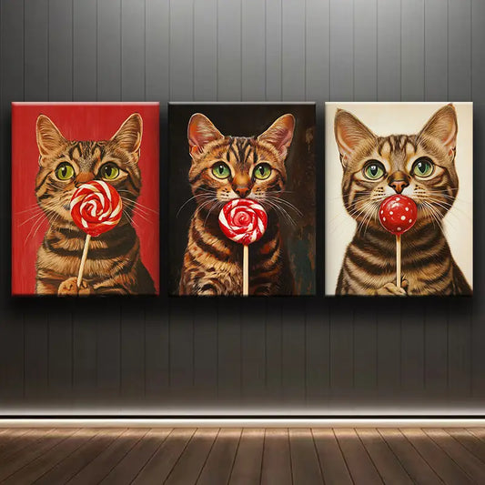 3pcs Whimsical Cat Lollipop Classic Design Metal Print Ready to Hang Art