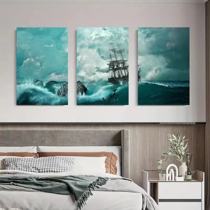 3pcs Shipwreck at Sea Waves Crashing Stormy Ocean Metal Print Ready to Hang Art