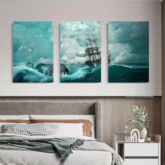 3pcs Shipwreck at Sea Waves Crashing Stormy Ocean Metal Print Ready to Hang Art