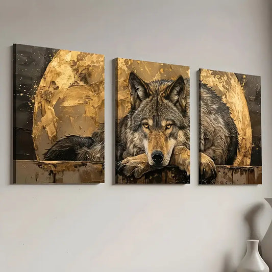 3pcs Light Luxury Modern Golden Wolf Animal Wall Art Set Canvas Framed 40x60cm - High Quality Print 100% Australian Made Wall Canvas Ready to Hang