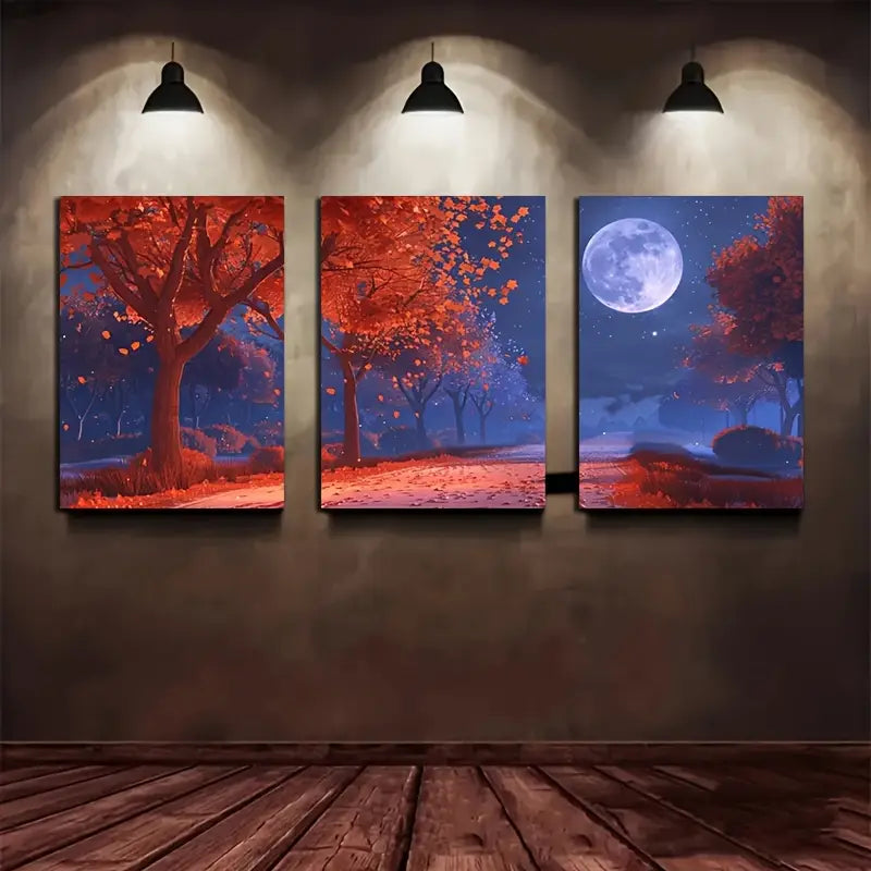 3pcs Watercolor Autumn trees Road Moon Night Metal Print Ready to Hang Art