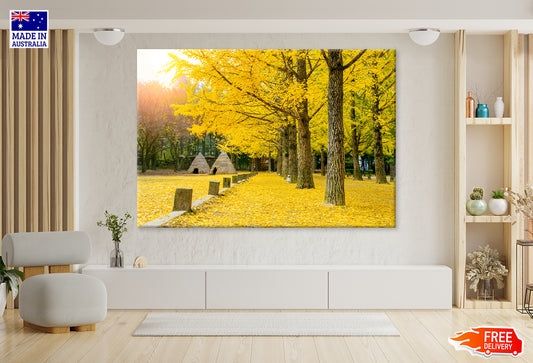 Yellow Autumn Trees in Garden Print 100% Australian Made Stretched Canvas Ready to Hang - NT-102