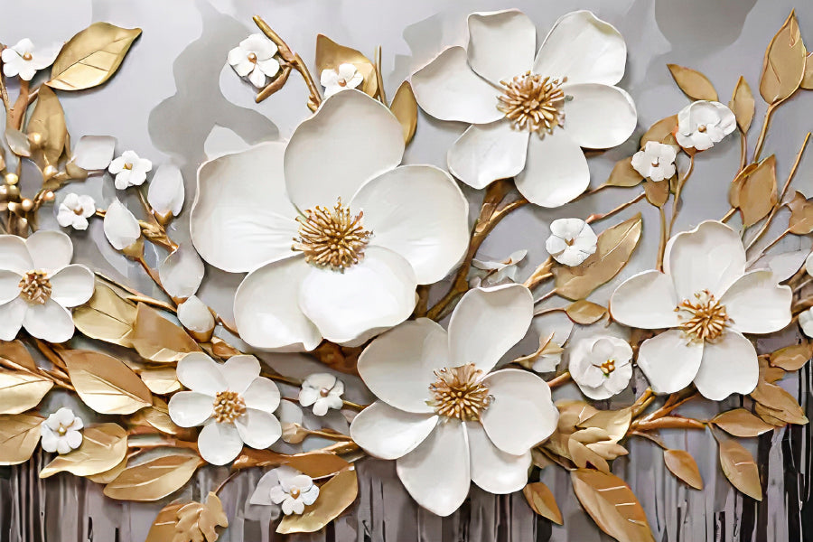 White Blossoms with Golden Leaf Print 100% Australian Made 60x40cm Stretched Canvas Ready to Hang