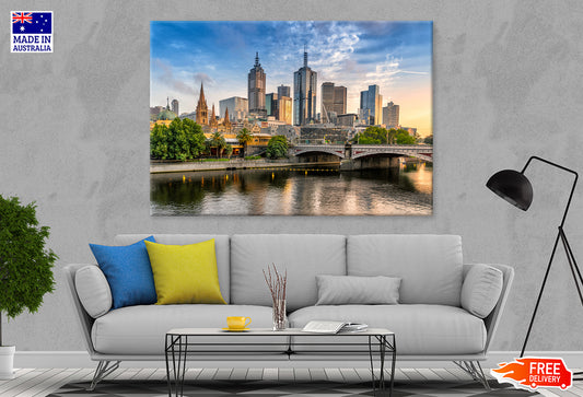 Melbourne City View from Yarra River Print 100% Australian Made Stretched Canvas Ready to Hang - AU-102