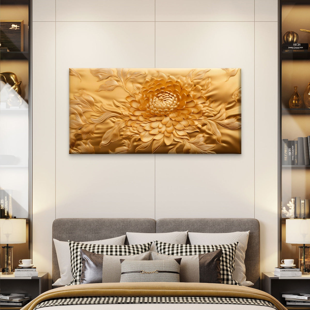 Modern Flowers Luxury Gold Floral Wall Art Canvas Office Home Framed 80x45cm