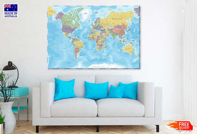 World Map Color Political Vector Print 100% Australian Made Stretched Canvas Ready to Hang - MP-102