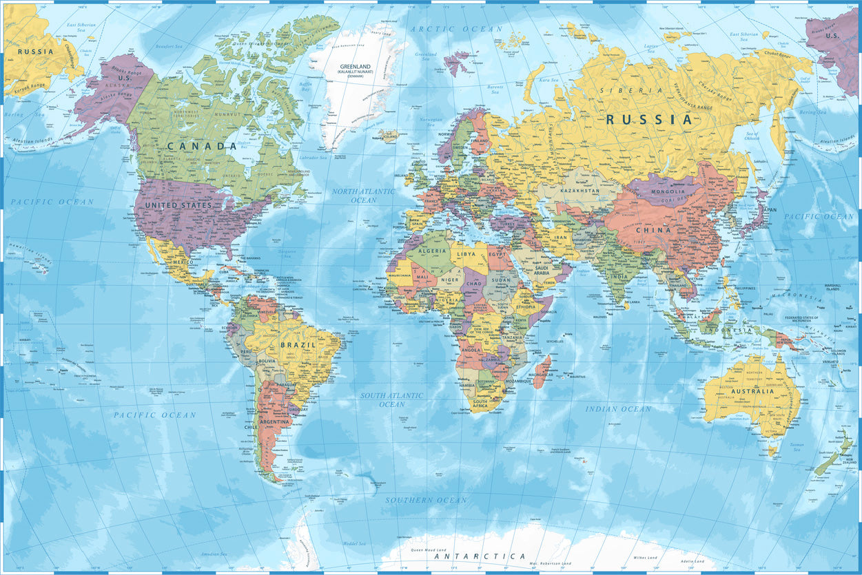 World Map Color Political Vector Print 100% Australian Made Stretched Canvas Ready to Hang - MP-102