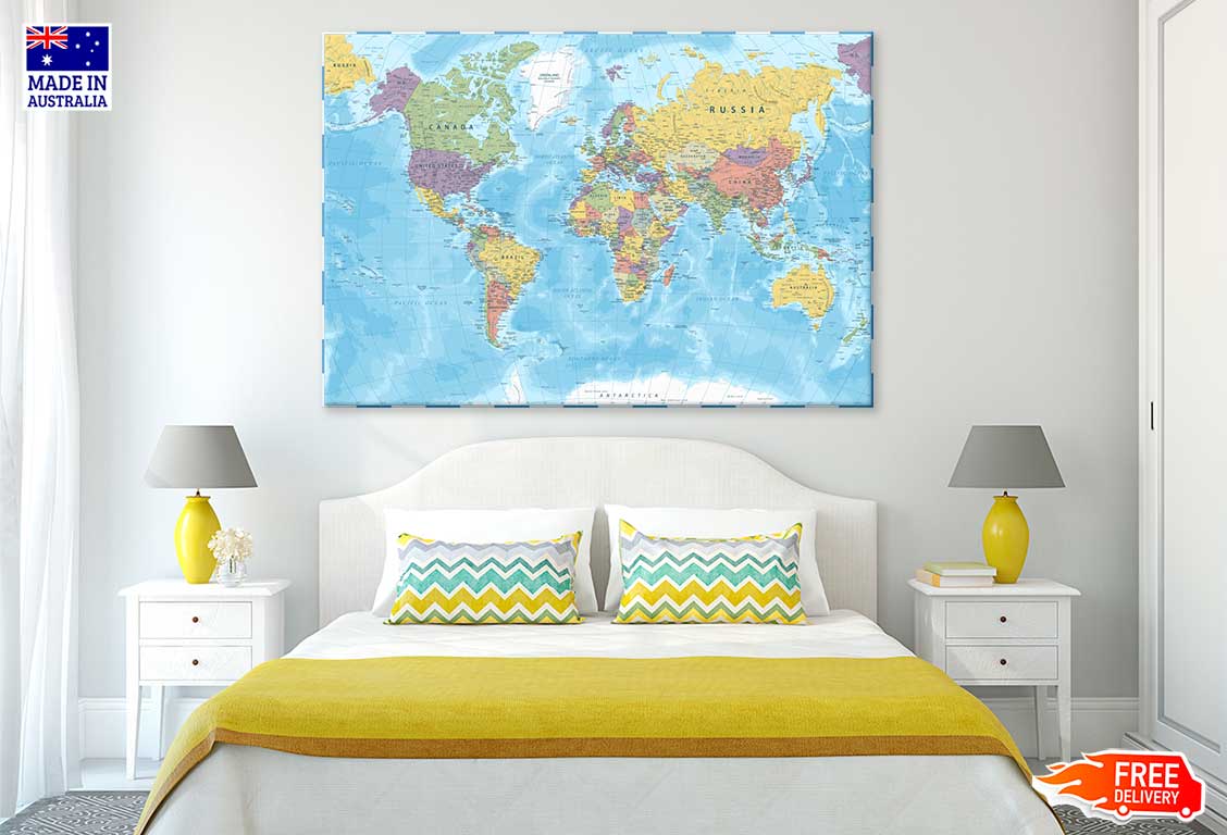 World Map Color Political Vector Print 100% Australian Made Stretched Canvas Ready to Hang - MP-102