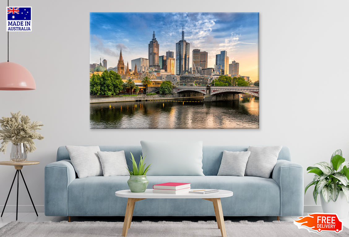 Melbourne City View from Yarra River Print 100% Australian Made Stretched Canvas Ready to Hang - AU-102