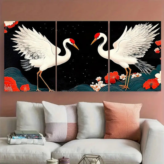 3pcs Asian Crane Japanese Red White Metal Print Ready to Hang Art