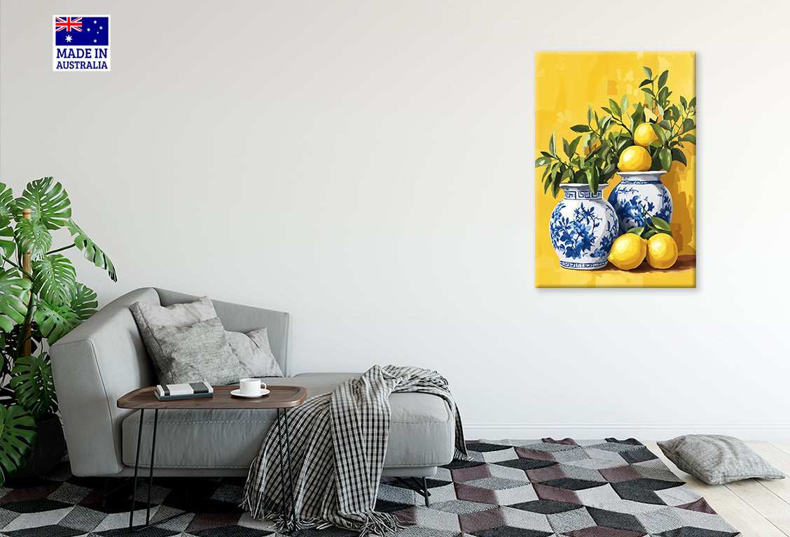 Blue White Vases with Lemons Painting Print 100% Australian Made 40x60cm Stretched Canvas Ready to Hang