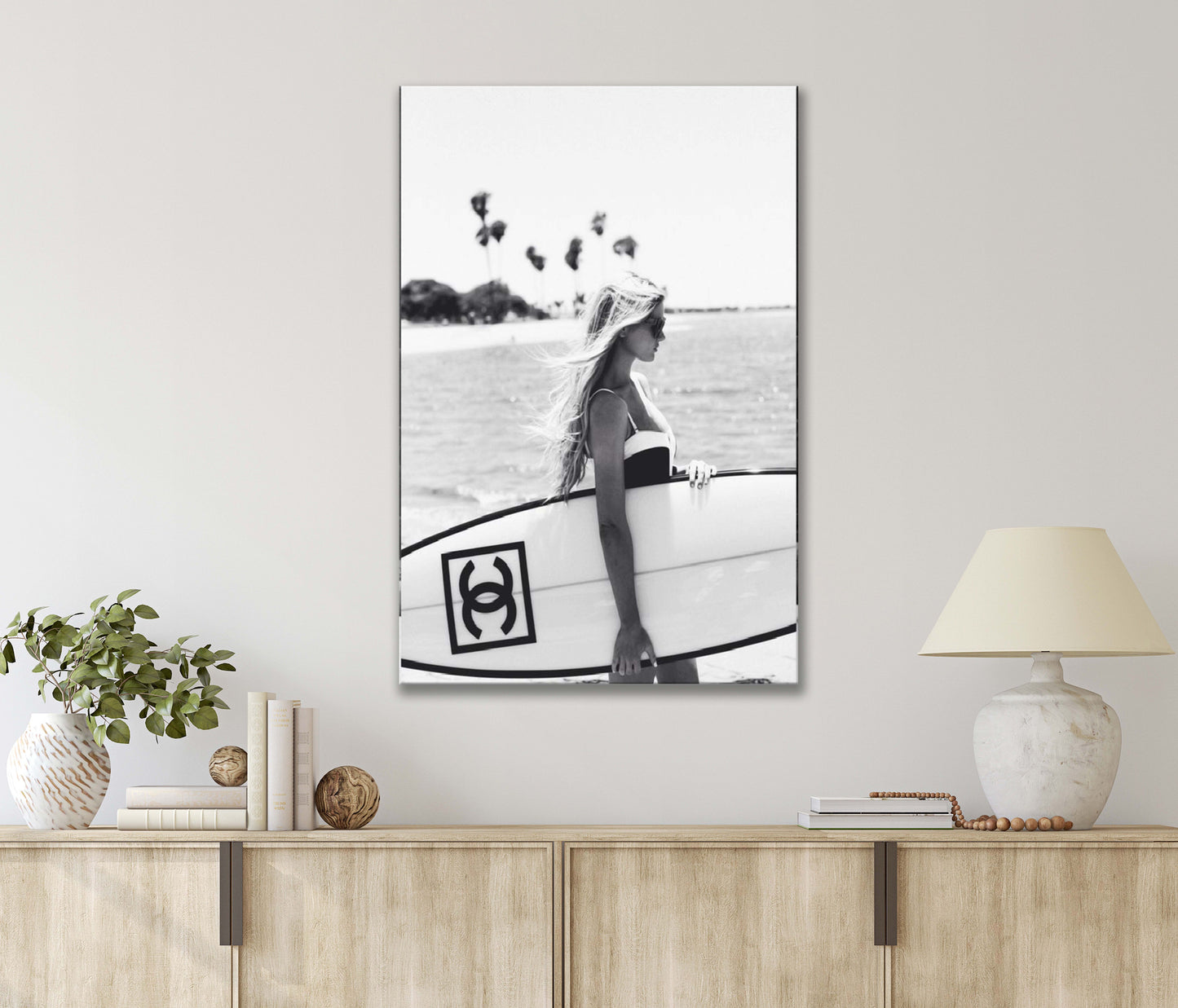 Empowered Black White Woman with Surfboard on Summer Beach Print 100% Australian Made 40x60cm Stretched Canvas Ready to Hang