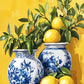 Blue White Vases with Lemons Painting Print 100% Australian Made 40x60cm Stretched Canvas Ready to Hang