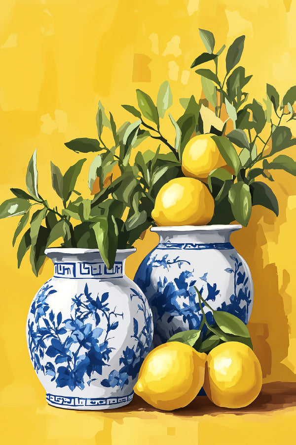 Blue White Vases with Lemons Painting Print 100% Australian Made 40x60cm Stretched Canvas Ready to Hang