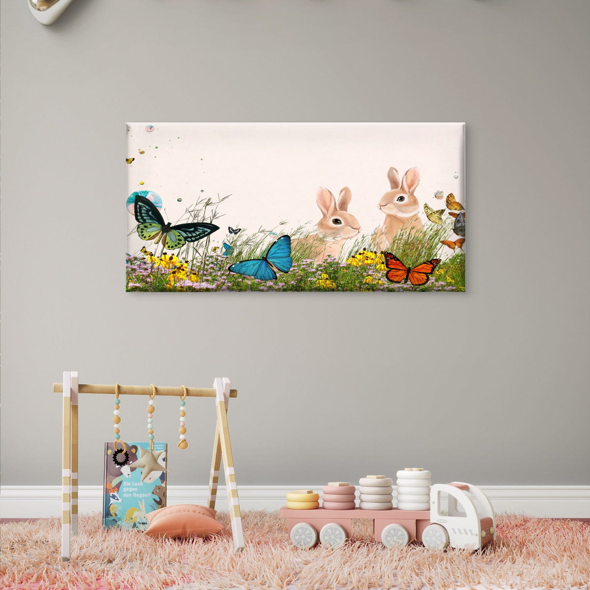 Cute Garden Bunnies Wildlife Wall Art Canvas Office Home Room Framed 120x60cm