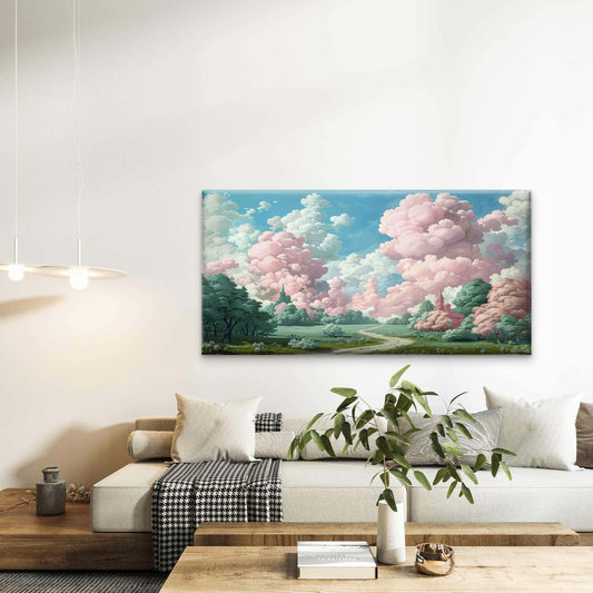 Pink Cloud Meadow Garden Path Wall Art Canvas Office Home Room Framed 80x45 cm