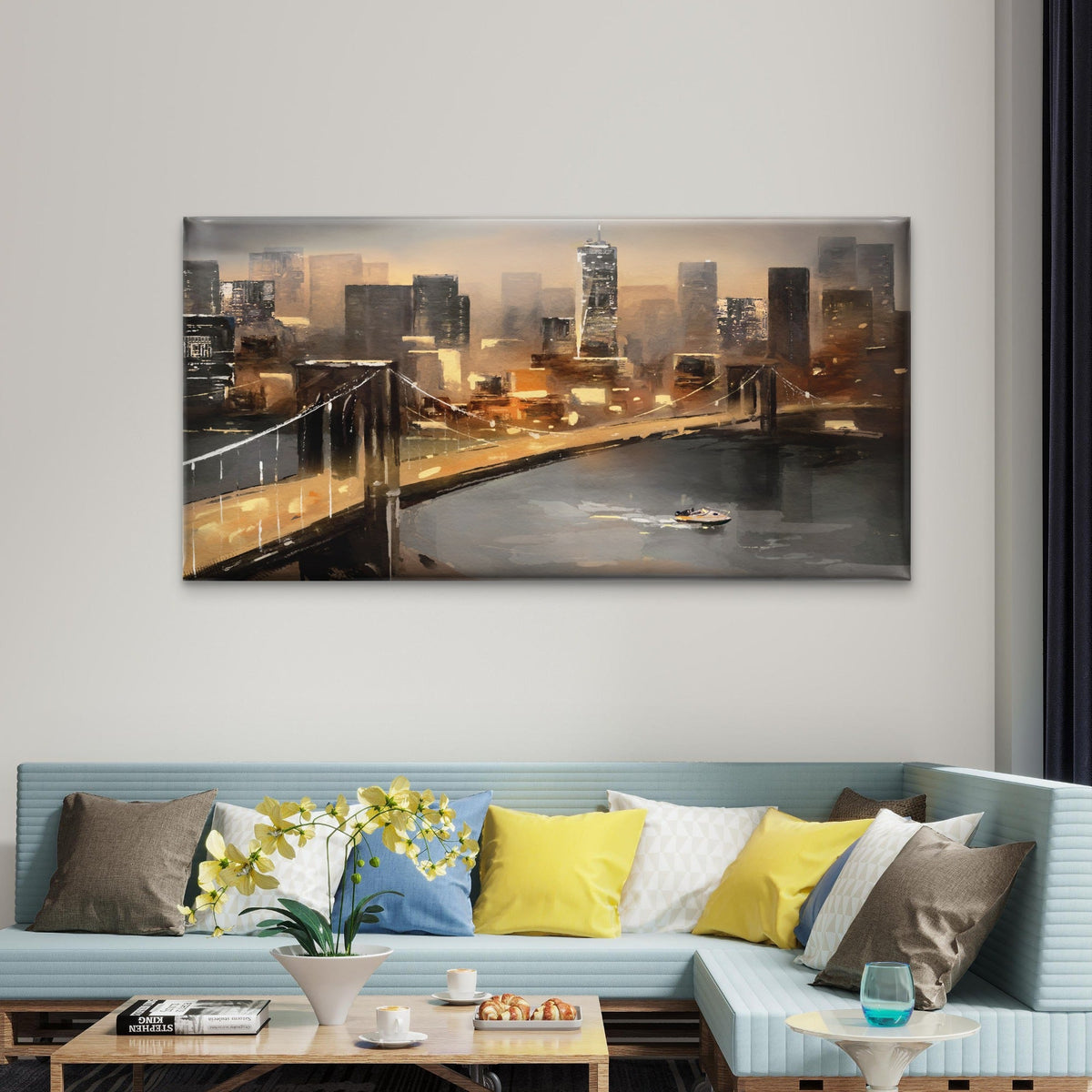 New York Brooklyn Bridge Night Wall Art Canvas Office Home Room Framed 80x45cm