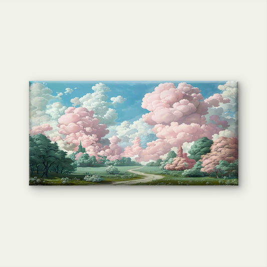 Pink Cloud Meadow Garden Path Wall Art Canvas Office Home Room Framed 80x45 cm
