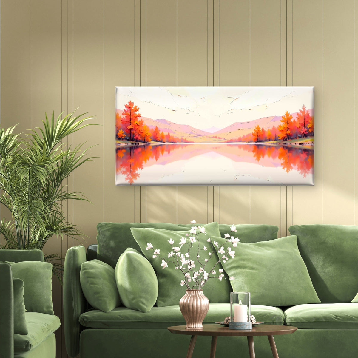 Fall Lake Reflection Mountain Wall Art Canvas Office Home Room Framed 80x45 cm