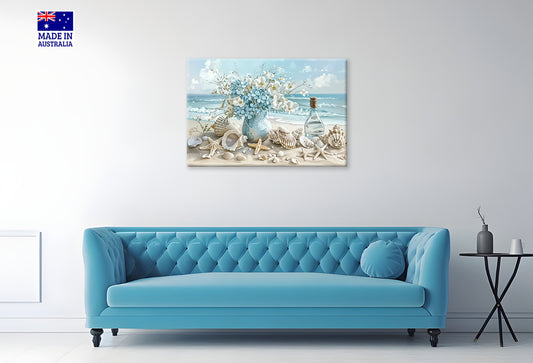 Beach Flower Vase and Seashells Print 100% Australian Made 60x40cm Stretched Canvas Ready to Hang