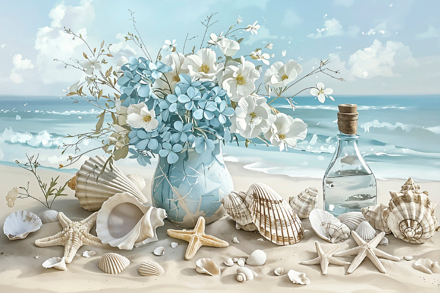 Beach Flower Vase and Seashells Print 100% Australian Made 60x40cm Stretched Canvas Ready to Hang