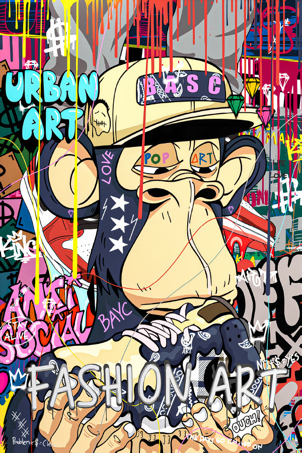 Graffiti Monkey with a Hat and a Shirt On Print 100% Australian Made 40x60cm Stretched Canvas Ready to Hang