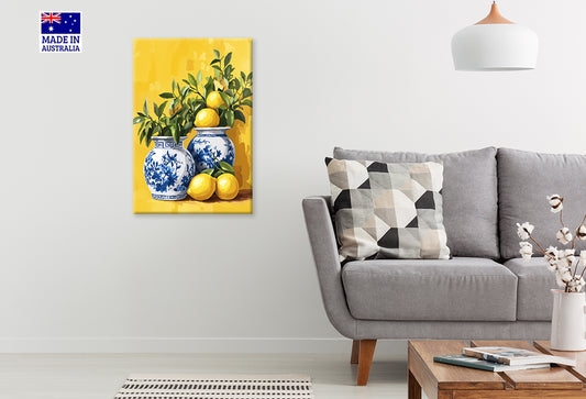 Blue White Vases with Lemons Painting Print 100% Australian Made 40x60cm Stretched Canvas Ready to Hang