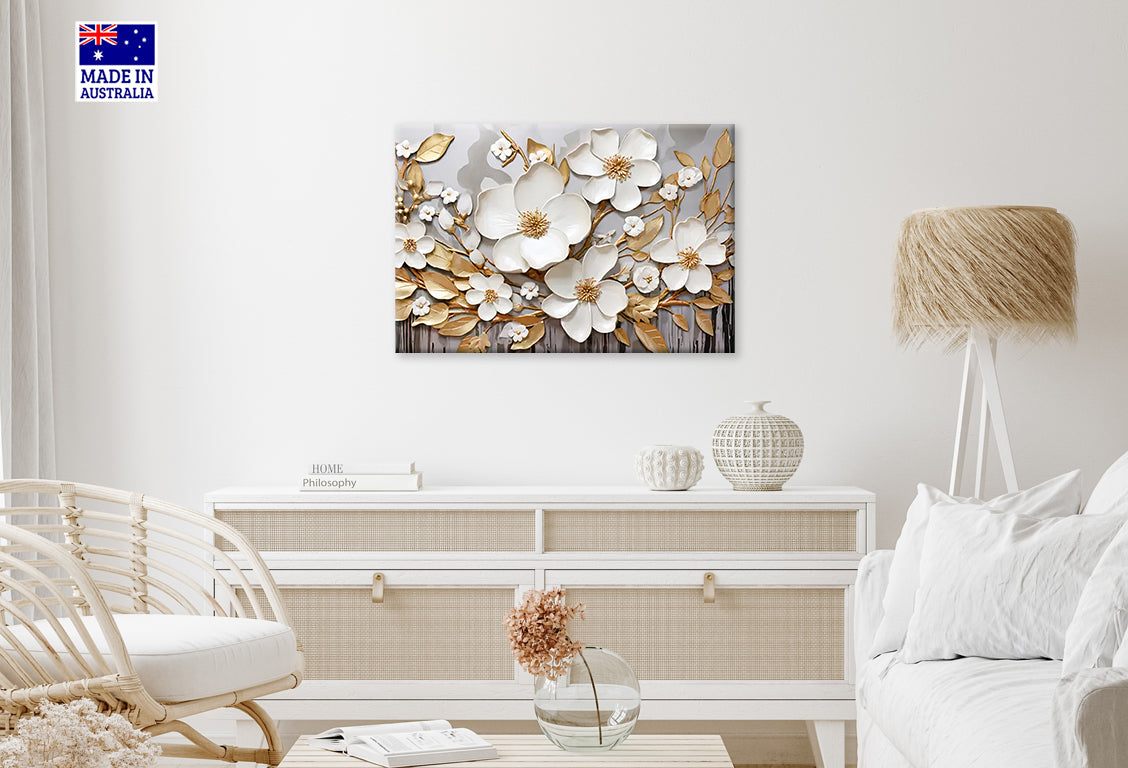 White Blossoms with Golden Leaf Print 100% Australian Made 60x40cm Stretched Canvas Ready to Hang