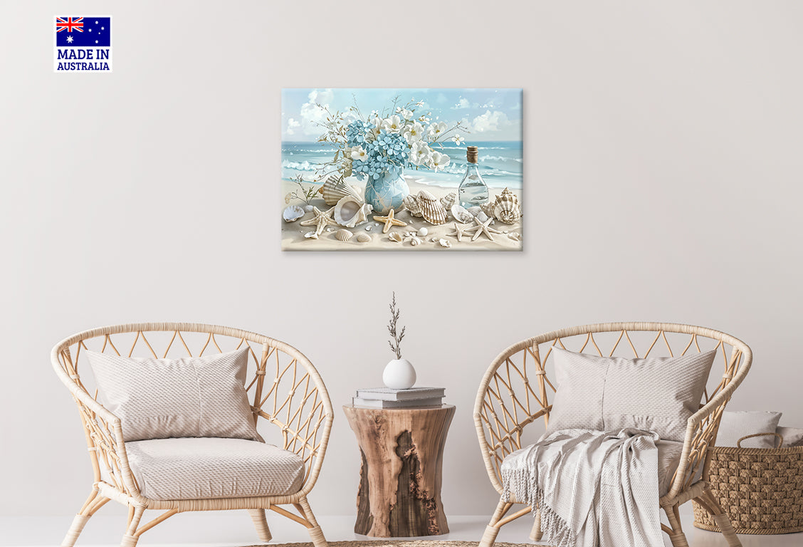 Beach Flower Vase and Seashells Print 100% Australian Made 60x40cm Stretched Canvas Ready to Hang