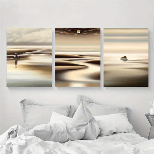 3pcs Minimalist Beach Sunset & Sand Design Metal Print Ready to Hang Art