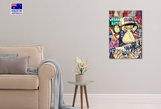 Graffiti Monkey with a Hat and a Shirt On Print 100% Australian Made 40x60cm Stretched Canvas Ready to Hang