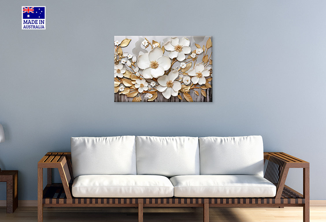 White Blossoms with Golden Leaf Print 100% Australian Made 60x40cm Stretched Canvas Ready to Hang