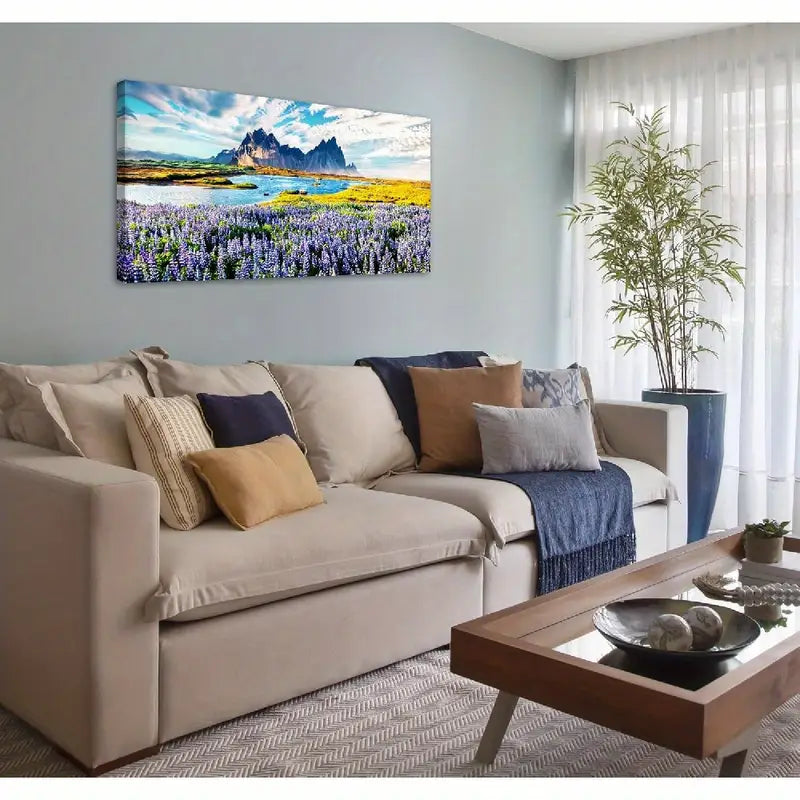 Vibrant Purple Lupine Flowers Mountain Lake Scenery Wall Art canvas office home room framed 120x60cm