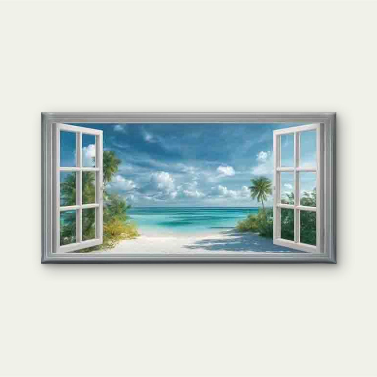 Beach View Through Open Window Wall Art Canvas Office Home Room Framed 80x45cm