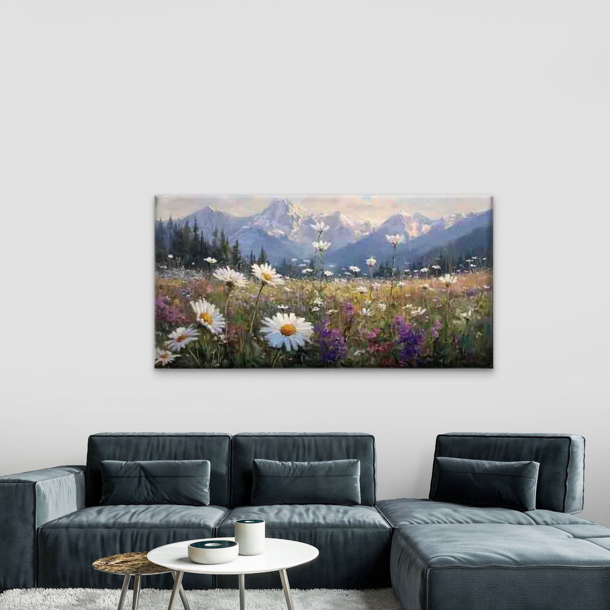Daisies Against a Mountain Back Wall Art Canvas Office Home Room Framed 120x60cm